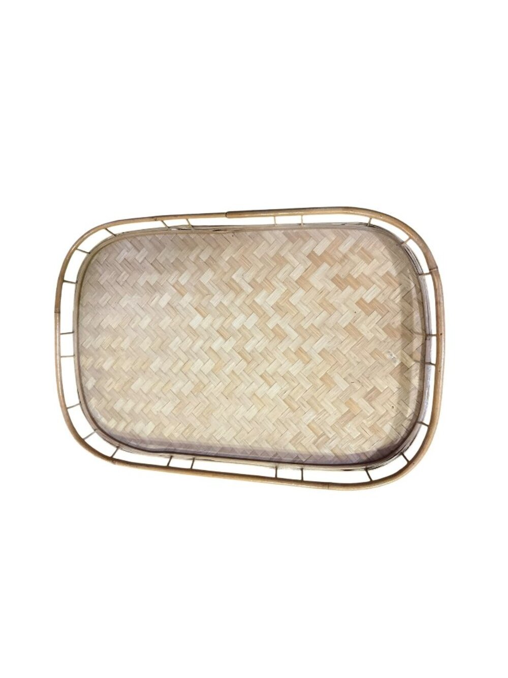 Bamboo Woven Serving Tray Rectangular Raised Edge Used